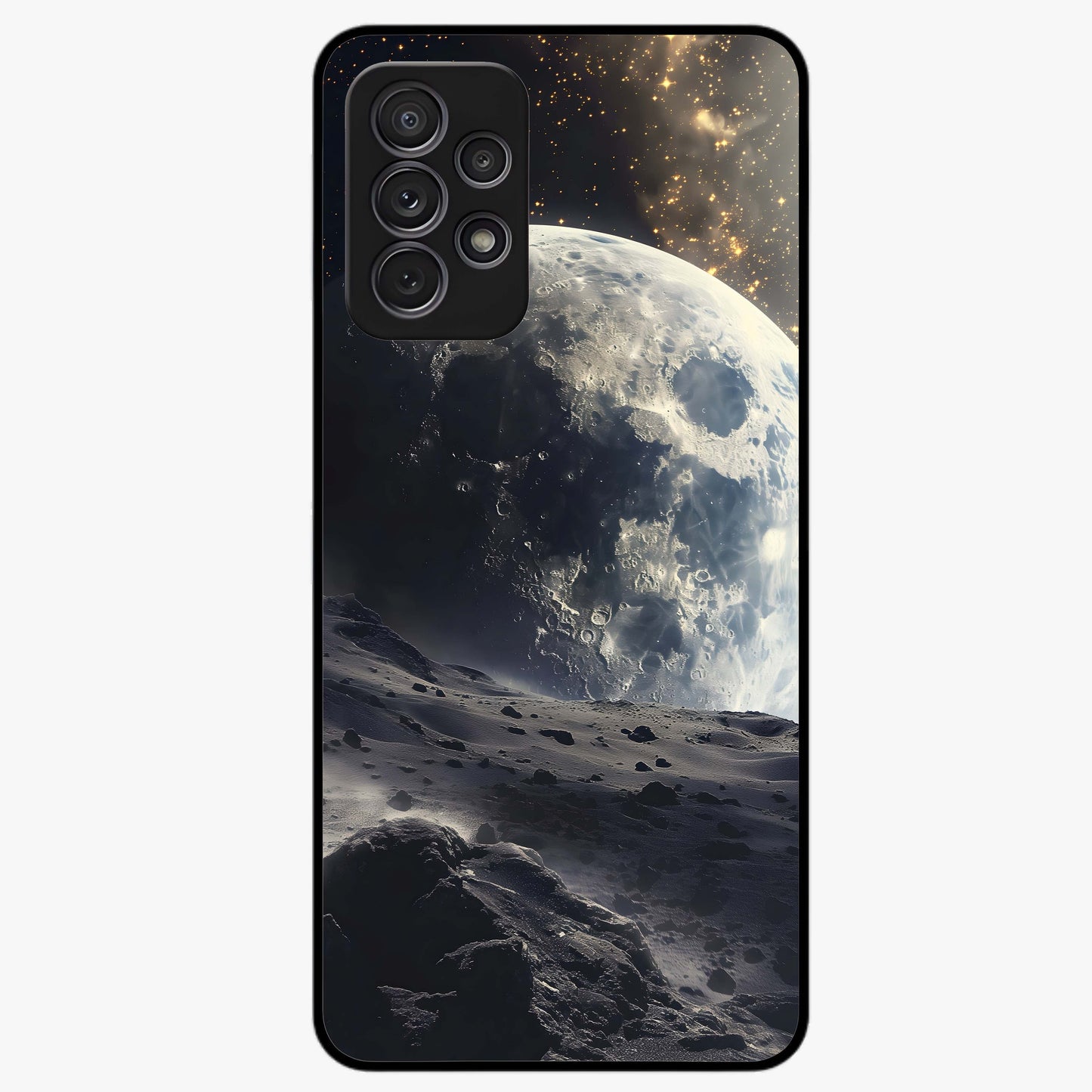 Lunar Horizon Glow Glass Case showing flat back view with glowing moon horizon artwork and glossy glass finish.