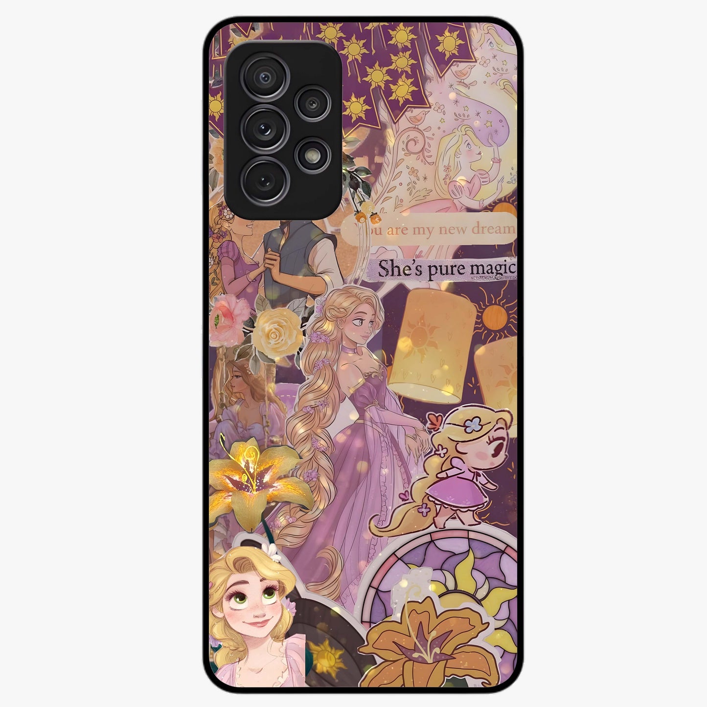 Magical Tangled Dream Glass Case showing flat back view with dreamy tangled artwork and glossy glass finish.