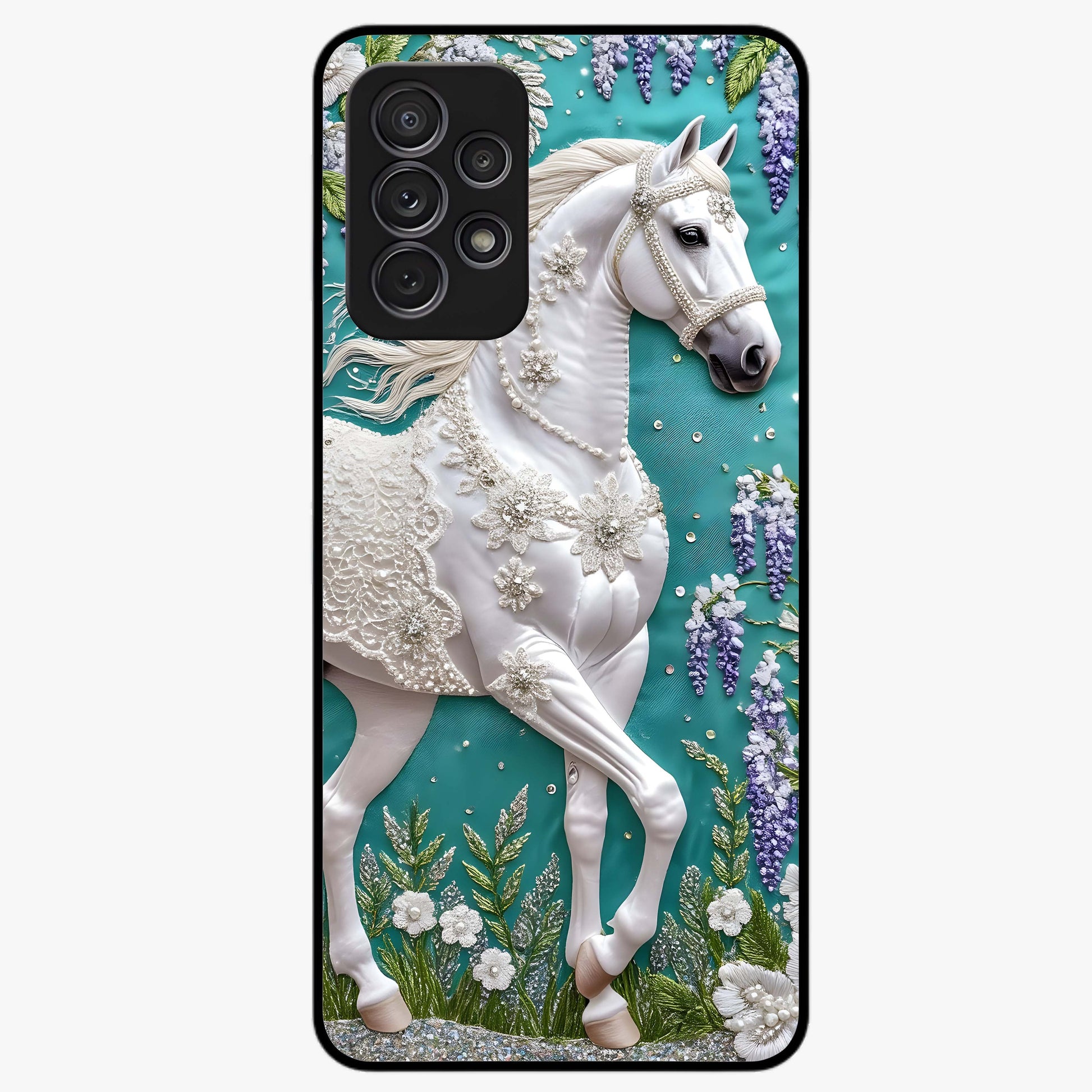 Majestic Floral Stallion Glass Case showing flat back view with powerful horse and floral artwork and glossy glass finish.