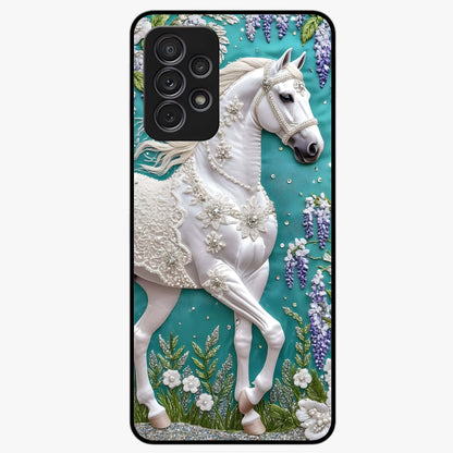 Majestic Floral Stallion Glass Case showing flat back view with powerful horse and floral artwork and glossy glass finish.