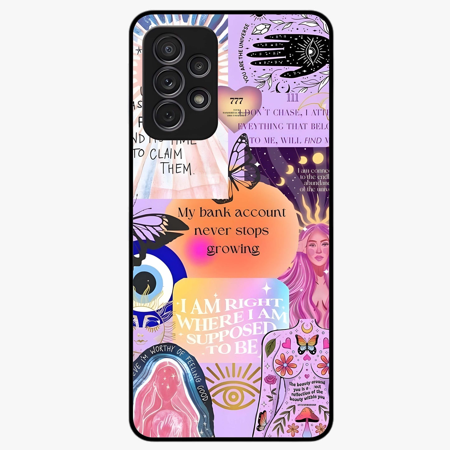 Manifestation Collage Glass Case showing flat back view with motivational collage artwork and glossy glass finish.