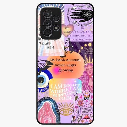 Manifestation Collage Glass Case showing flat back view with motivational collage artwork and glossy glass finish.