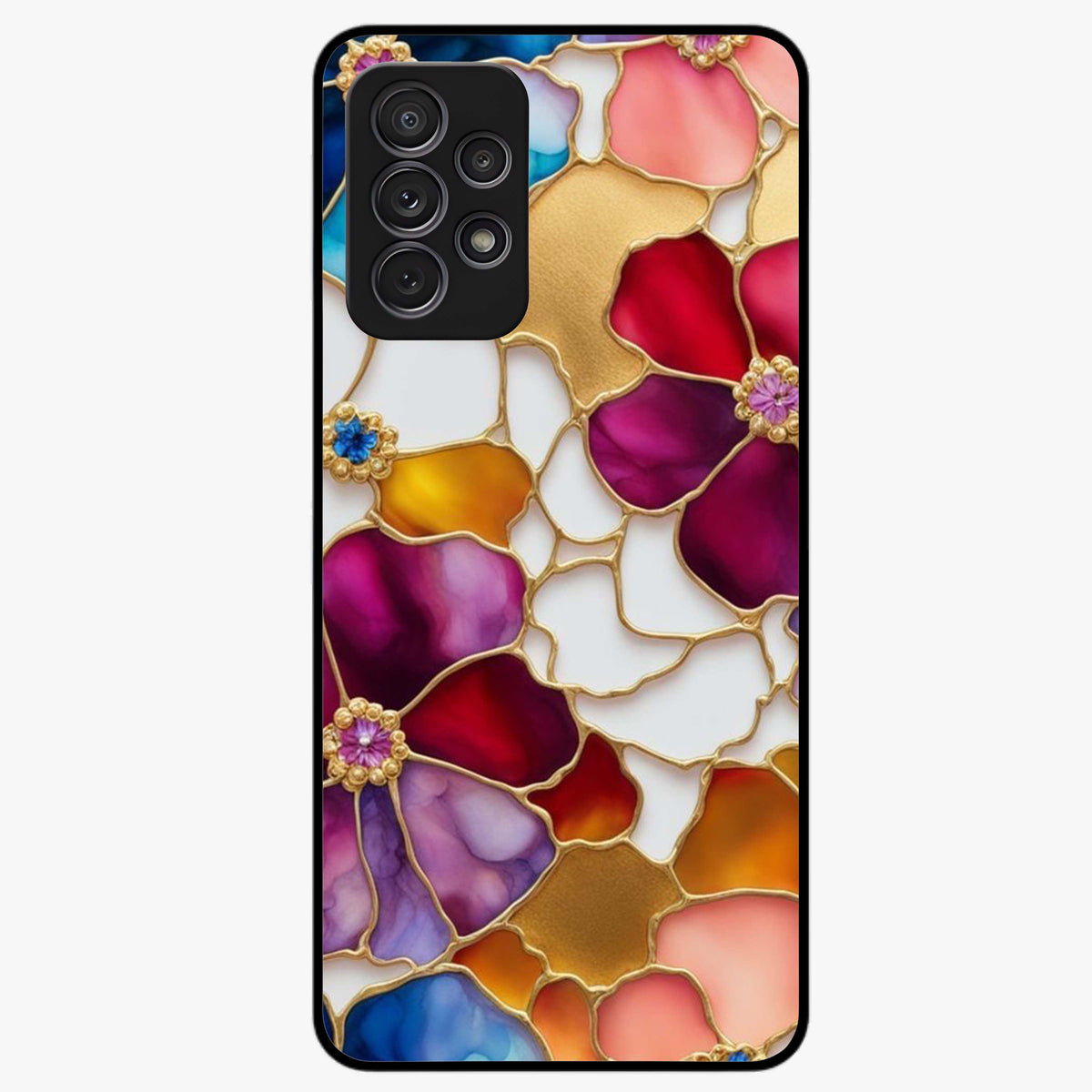 Marble Flower Pattern Glass Case showing flat back view with marble texture floral artwork and glossy glass finish.