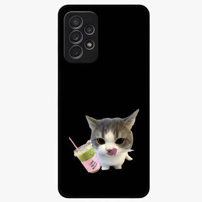 Matcha Cat Style Glass Case showing flat back view with cute matcha themed cat artwork and glossy glass finish.