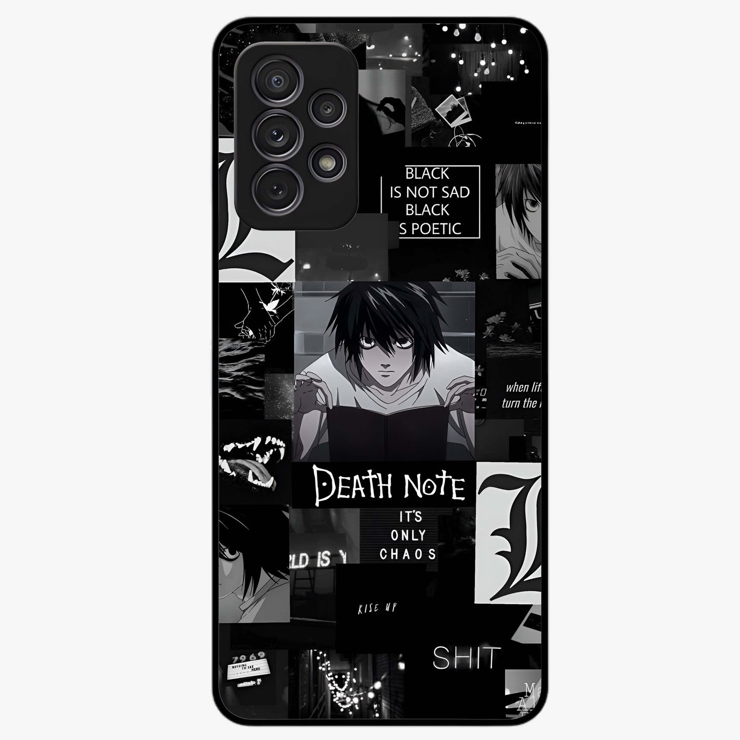 Midnight Chaos Mind Glass Case showing flat back view with abstract dark themed artwork and glossy glass finish.