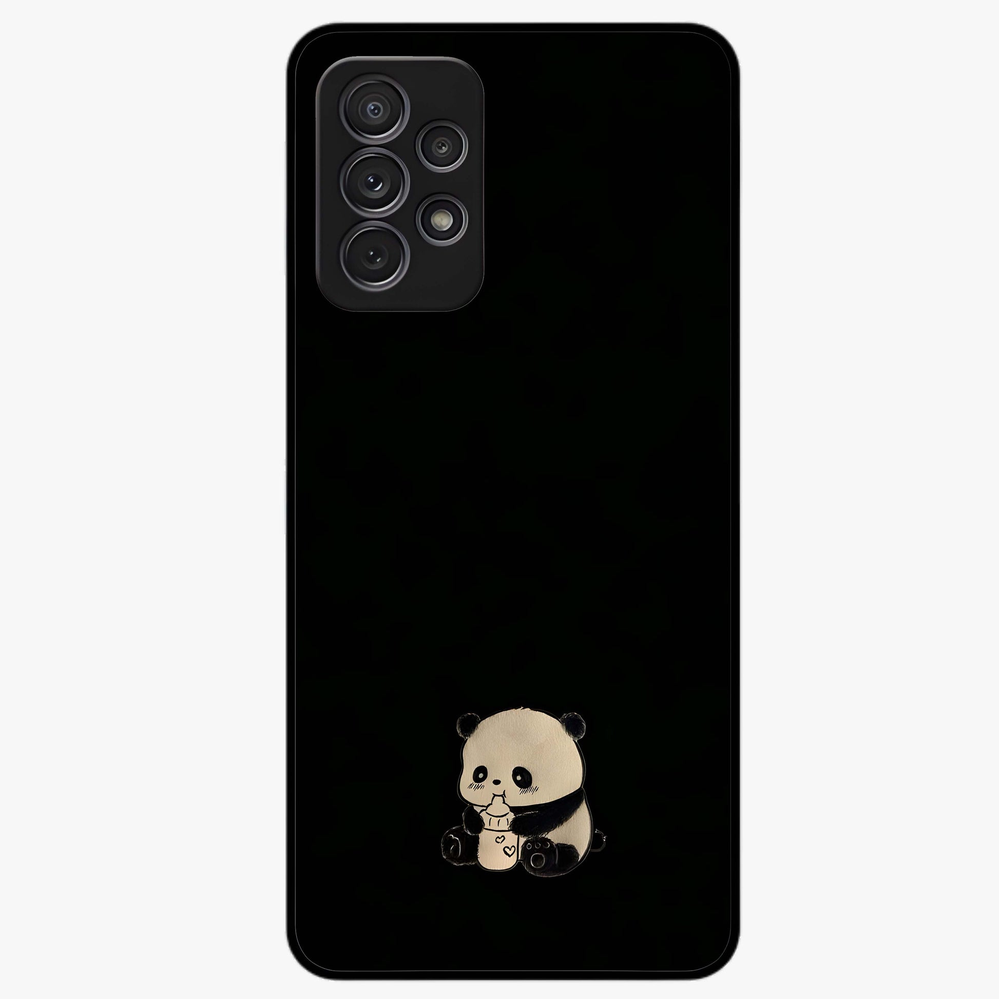 Midnight Panda Love Glass Case showing flat back view with cute panda themed artwork and glossy glass finish.