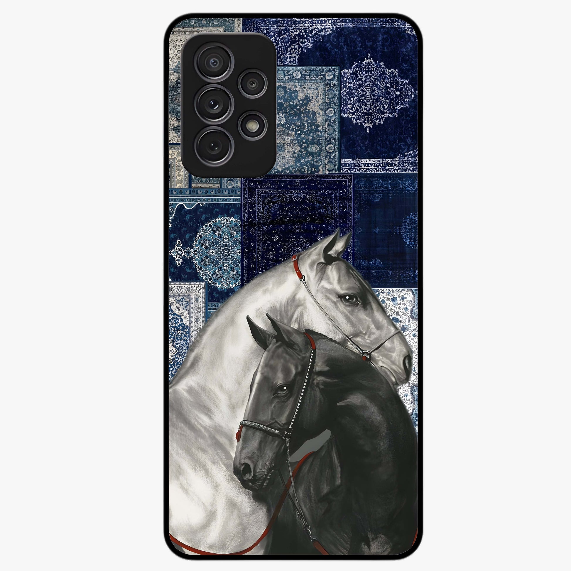 Midnight Stallion Blues Glass Case showing flat back view with majestic horse artwork and glossy glass finish.
