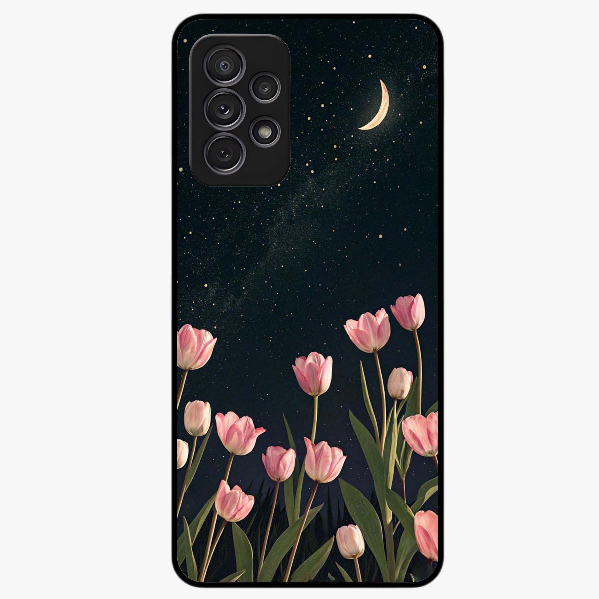 Midnight Tulip Whispers Vibe Glass Case showing flat back view with elegant tulip flower artwork and glossy glass finish.