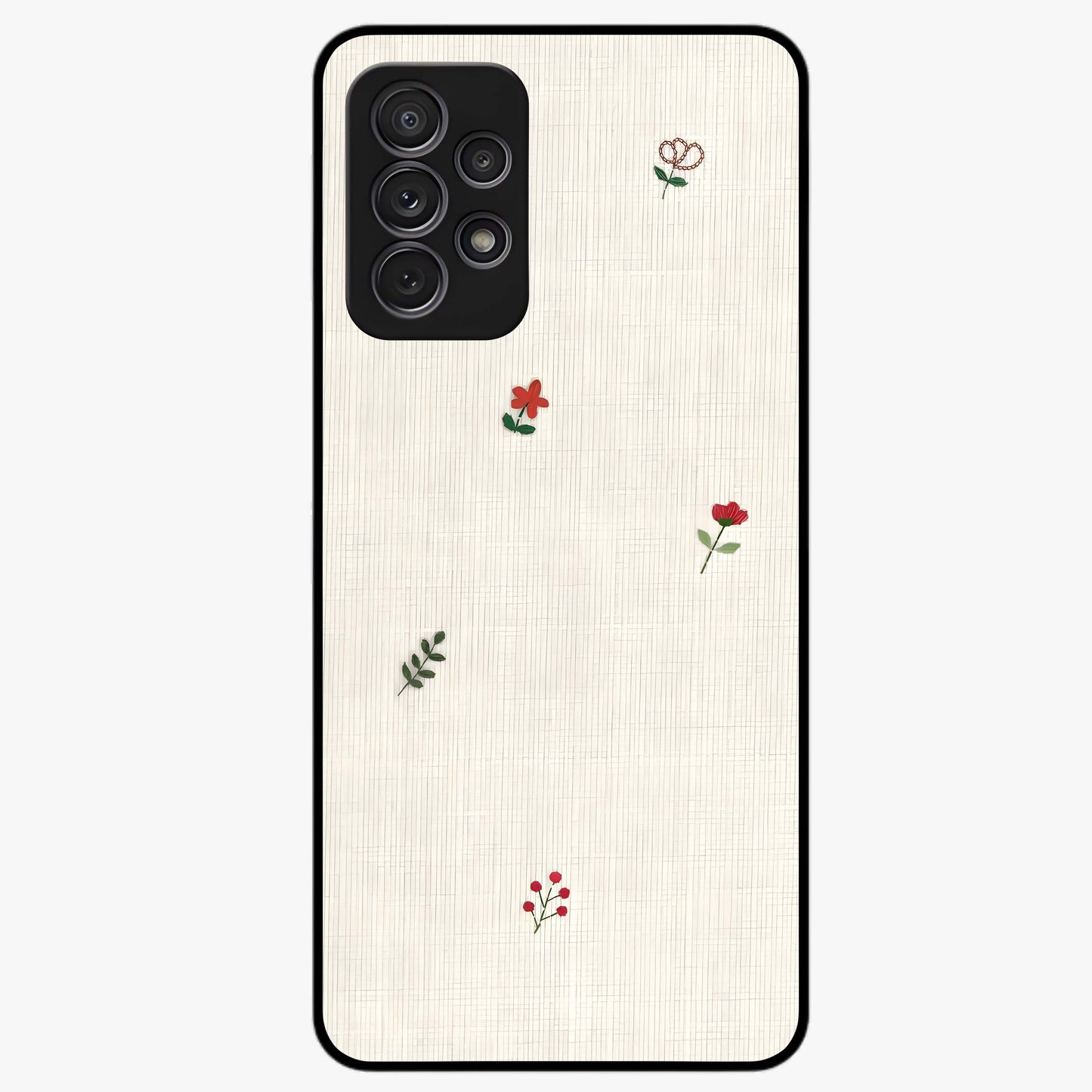 Minimal Petal Whispers Glass Case showing flat back view with soft minimal floral artwork and glossy glass finish.
