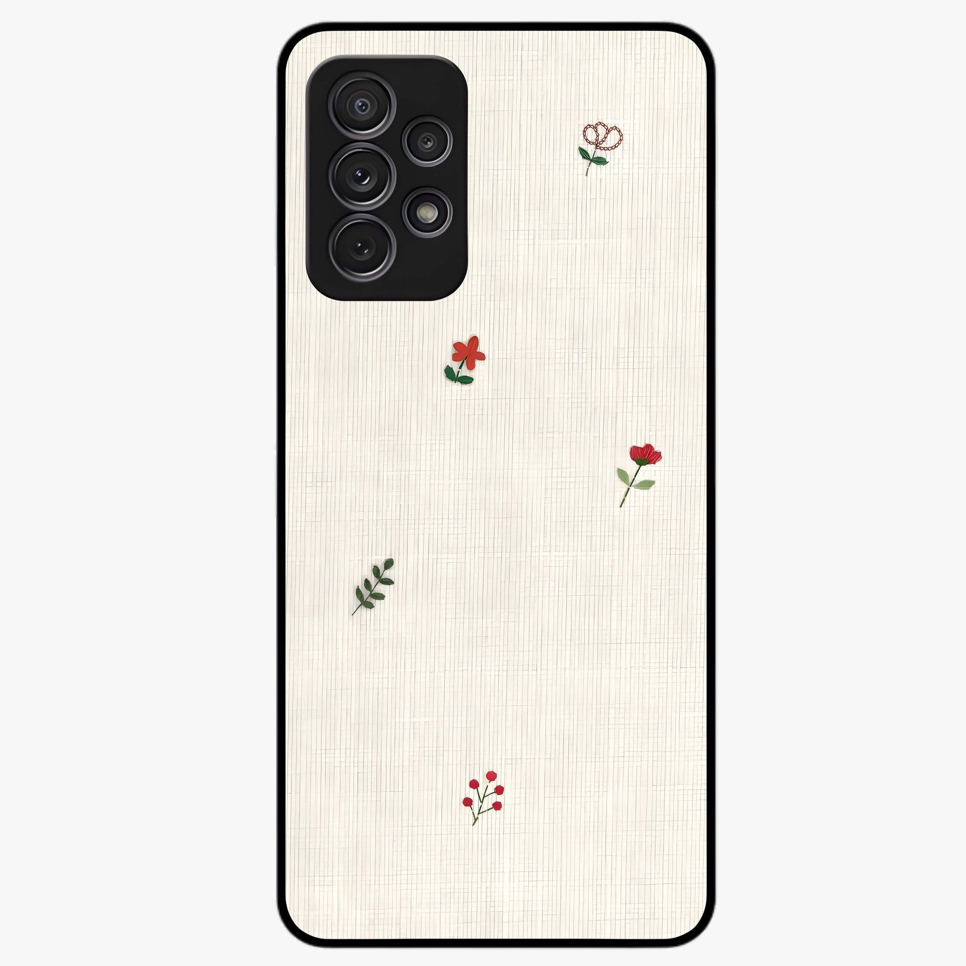 Minimal Petal Whispers Glass Case showing flat back view with soft minimal floral artwork and glossy glass finish.