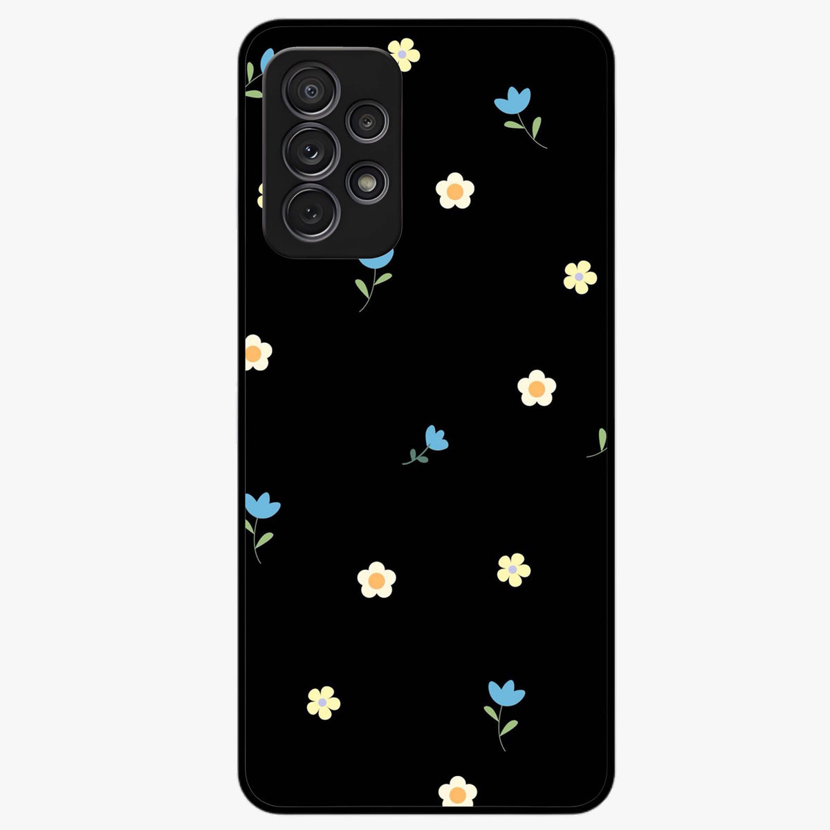 Minimalistic Blue With White Flower Pattern Glass Case showing flat back view with blue background and white flower pattern and glossy glass finish.
