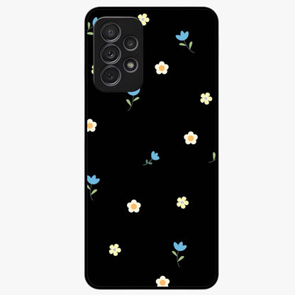 Minimalistic Blue With White Flower Pattern Glass Case showing flat back view with blue background and white flower pattern and glossy glass finish.