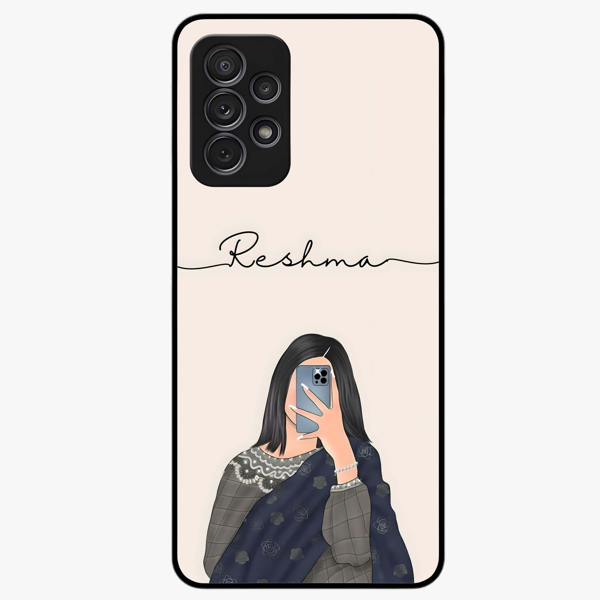 Mirror Mood Muse With Custom Name Glass Case showing flat back view with stylish mirrored artwork and personalized name design.