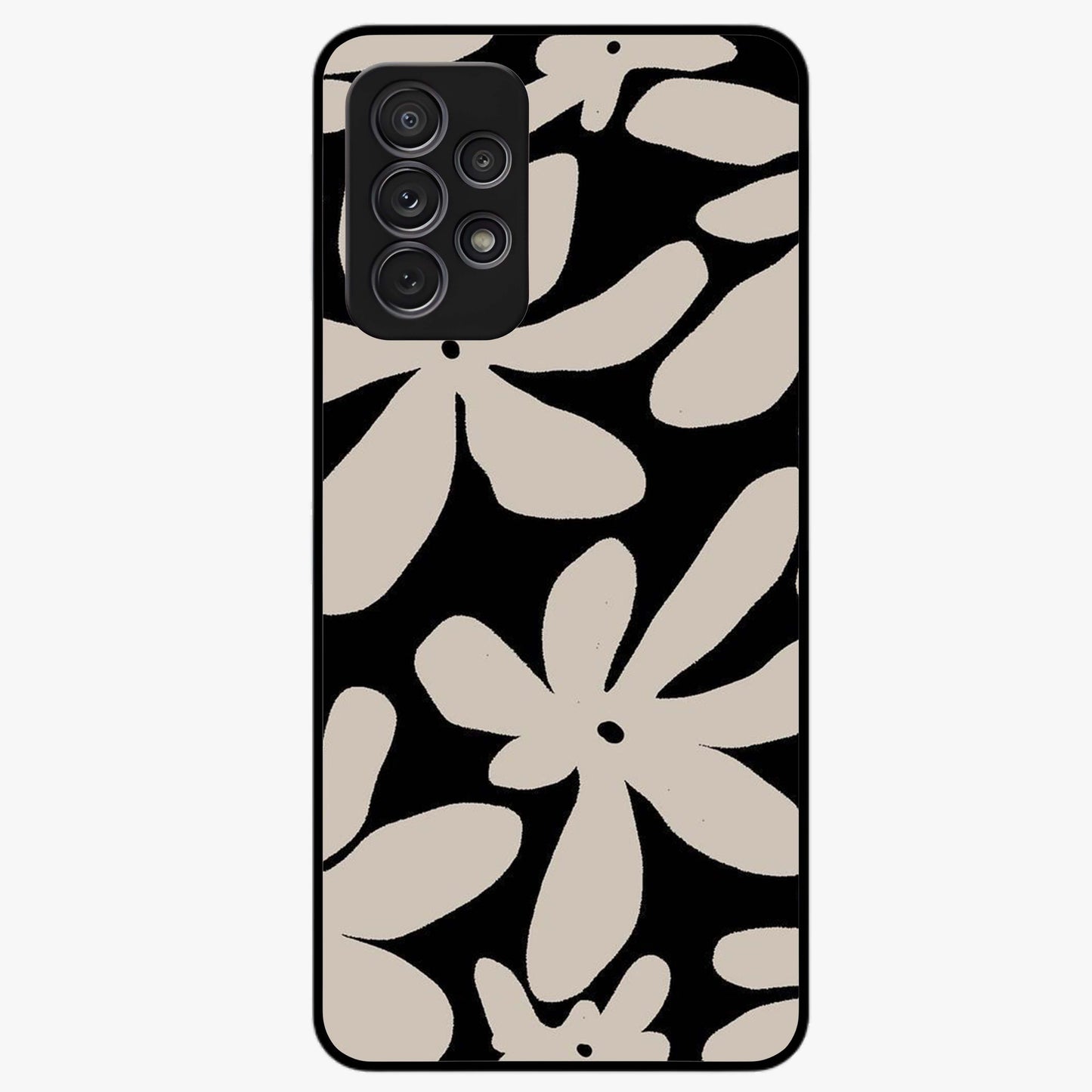 Monochrome Petal Dance Glass Case showing flat back view with monochrome floral artwork and glossy glass finish.