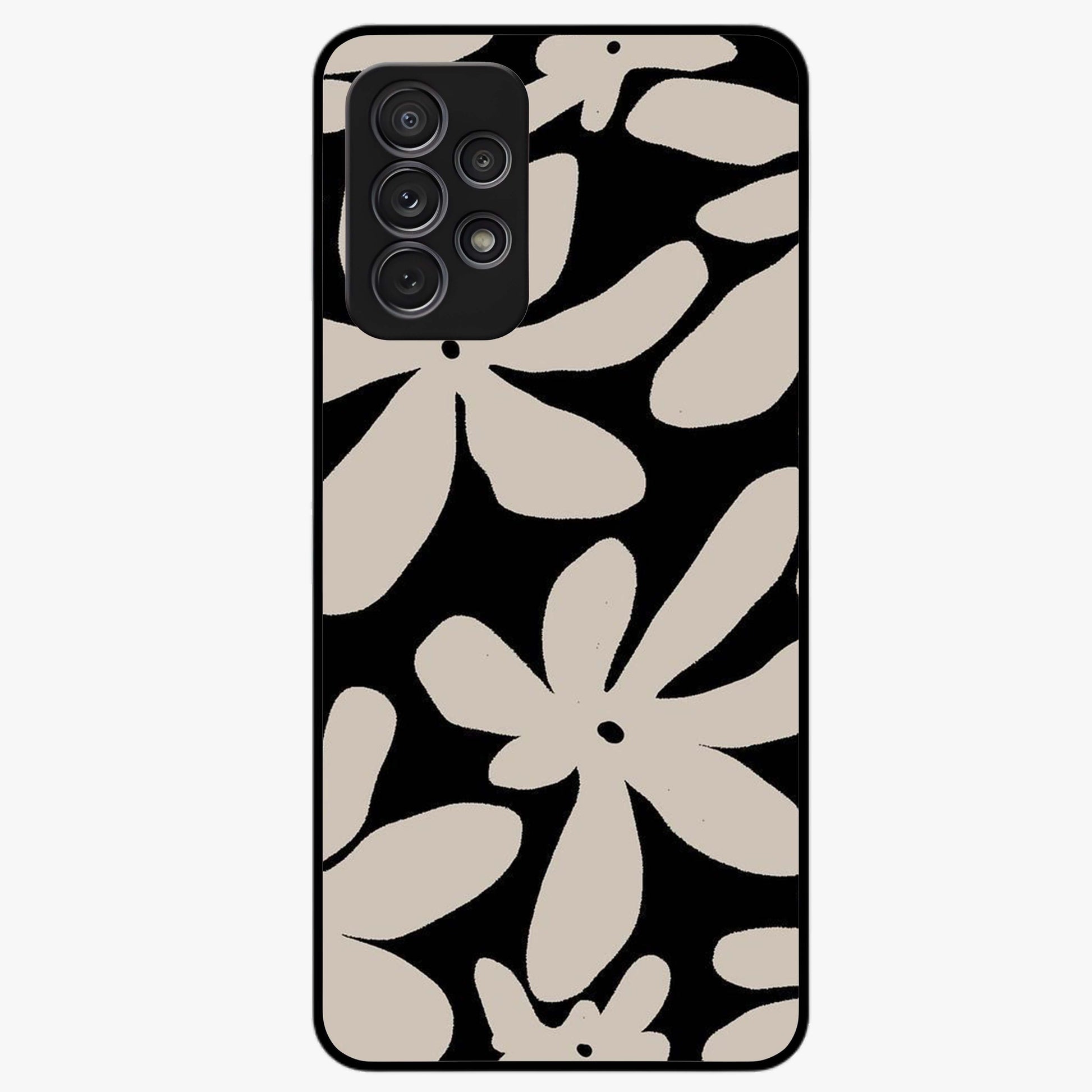 Monochrome Petal Dance Glass Case showing flat back view with monochrome floral artwork and glossy glass finish.