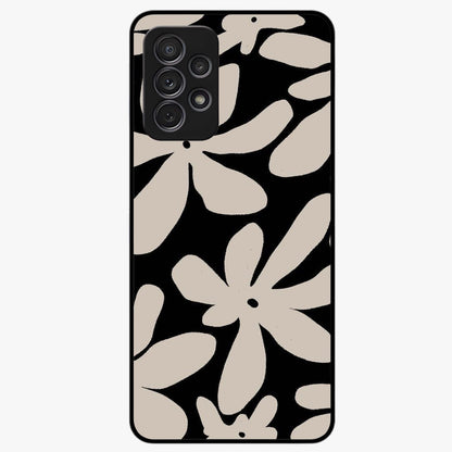 Monochrome Petal Dance Glass Case showing flat back view with monochrome floral artwork and glossy glass finish.