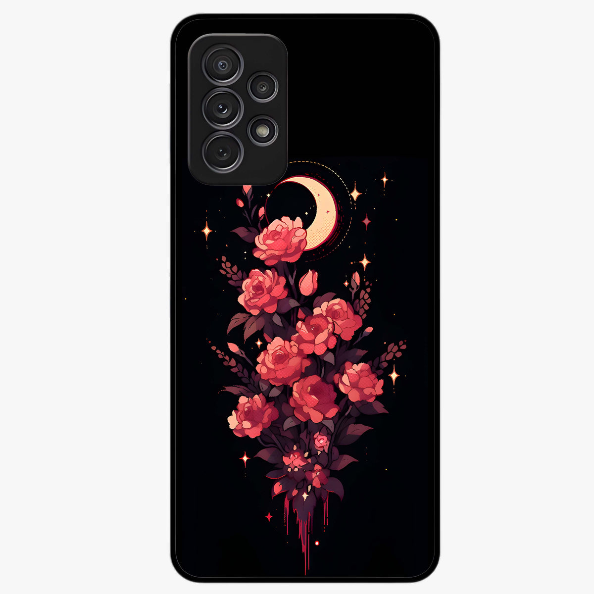 Moonlit Floral Elegance Glass Case showing flat back view with elegant floral artwork under moonlit tones and glossy glass finish.