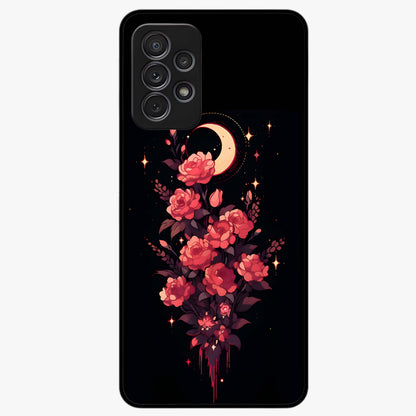 Moonlit Floral Elegance Glass Case showing flat back view with elegant floral artwork under moonlit tones and glossy glass finish.