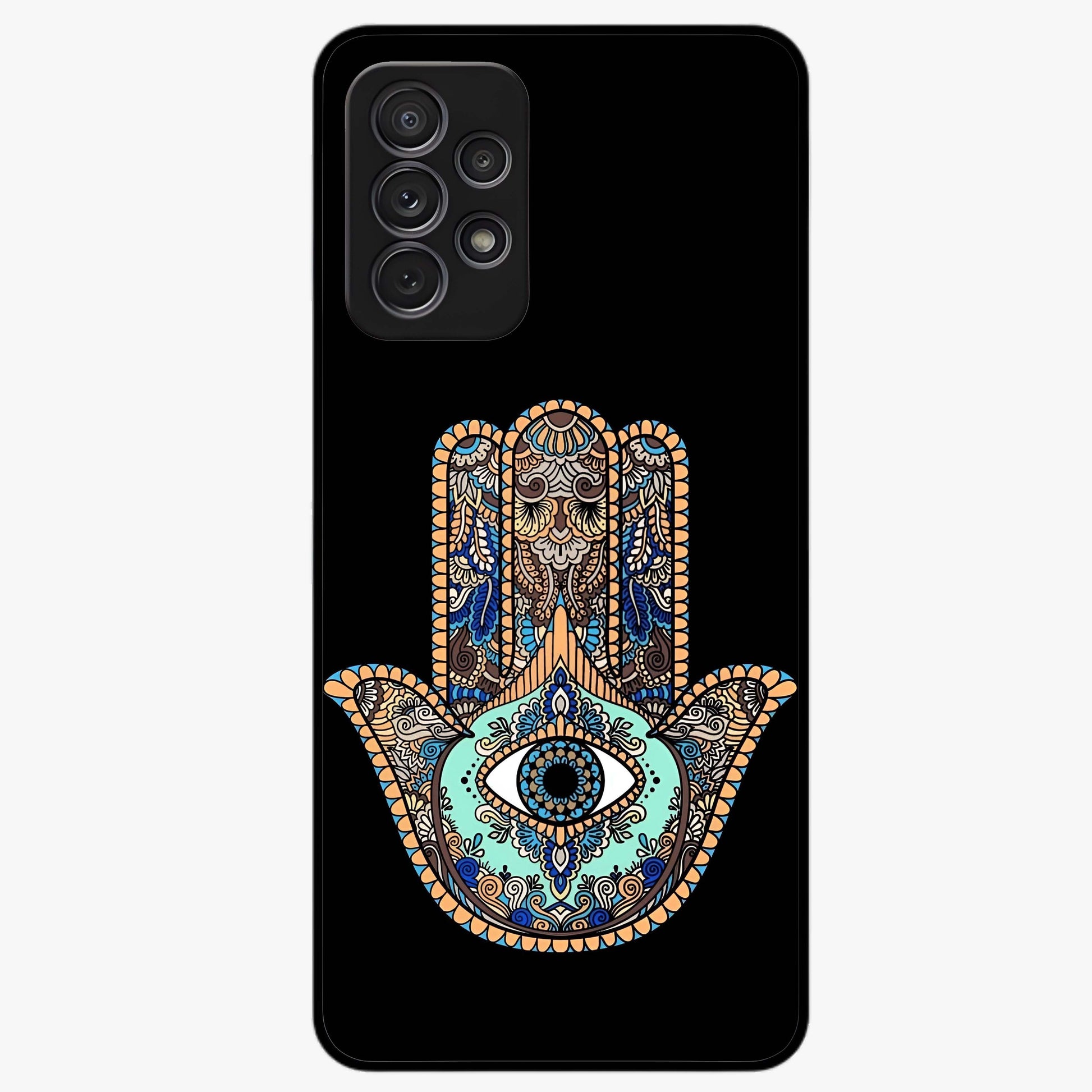 Mystic Hamsa Eye Glass Case showing flat back view with protective hamsa hand and evil eye artwork and glossy glass finish.