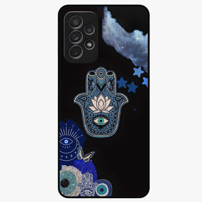 Mystic Hand Aura Glass Case showing flat back view with mystical hand symbol artwork and glossy glass finish.