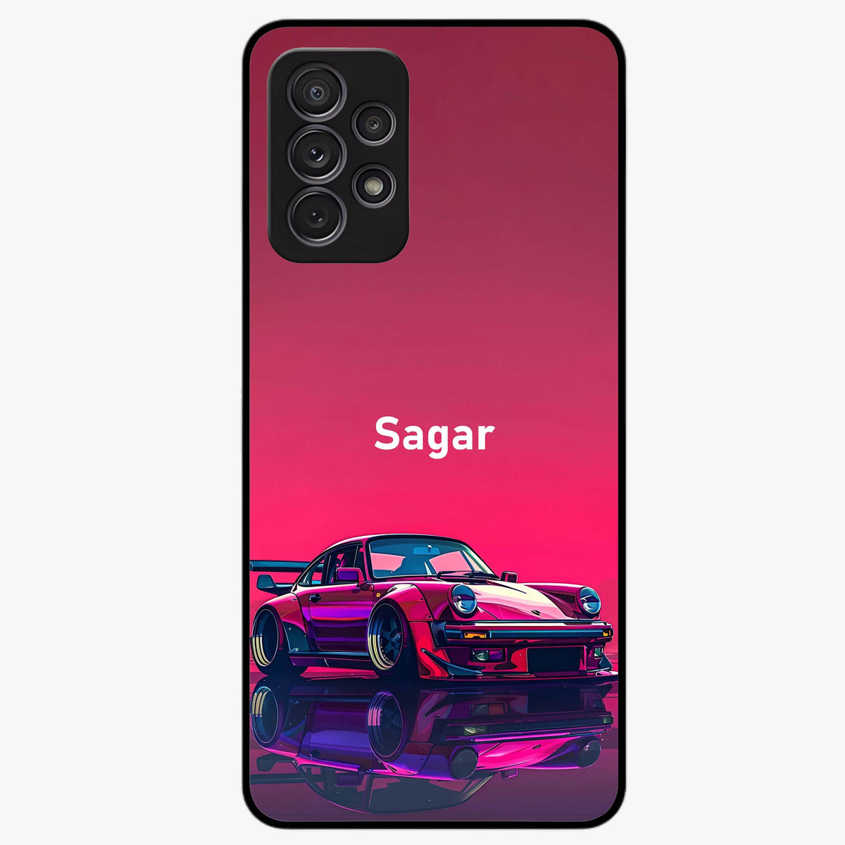 Neon Pink Porsche Glass Case showing flat back view with stylish sports car artwork and glossy glass finish.