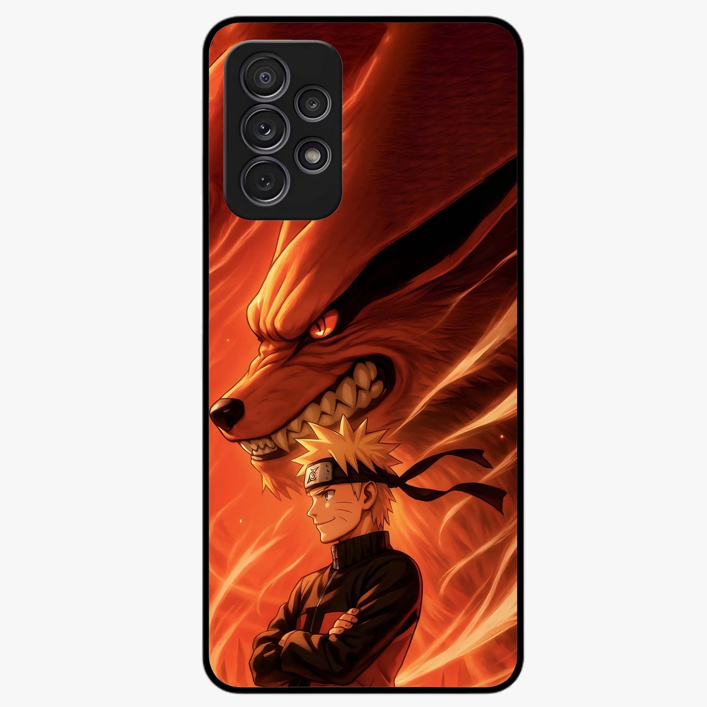 Nine Tails Legacy Glass Case showing flat back view with powerful nine-tailed fox inspired artwork and glossy glass finish.