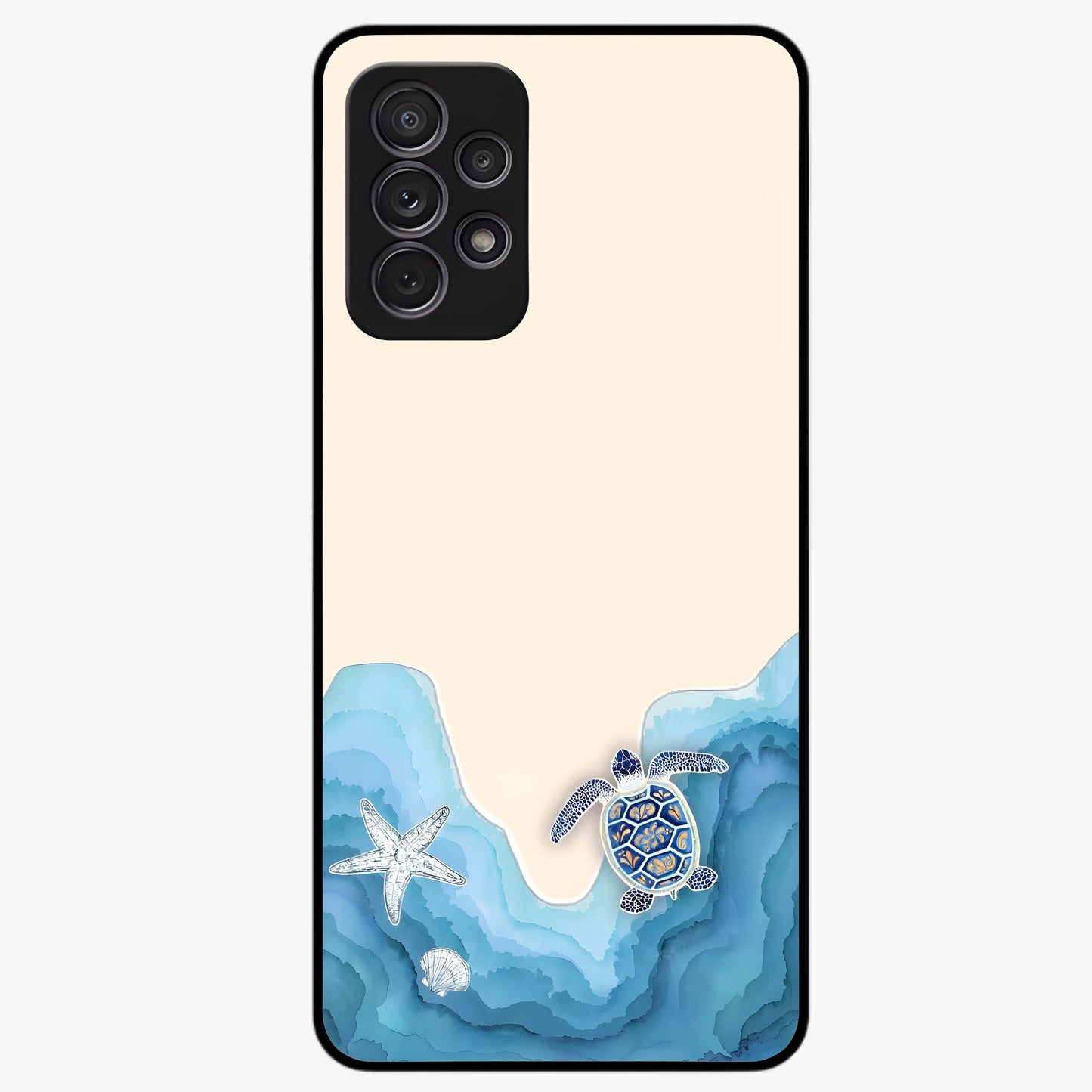 Ocean Drift Turtle Glass Case showing flat back view with sea turtle artwork and glossy glass finish.