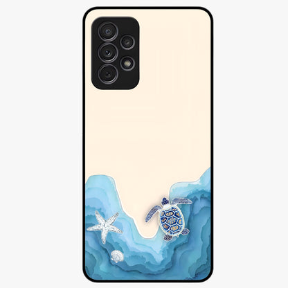 Ocean Drift Turtle Glass Case showing flat back view with sea turtle artwork and glossy glass finish.