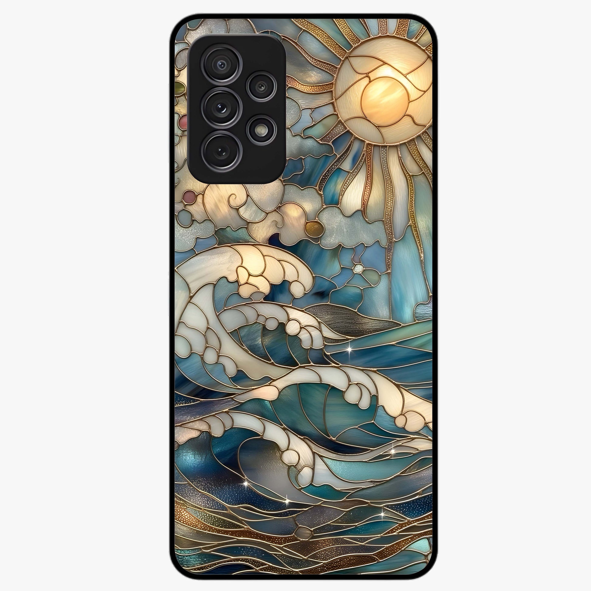 Oceanic Stained Printed Glass Case showing flat back view with ocean inspired stained pattern artwork and glossy glass finish.