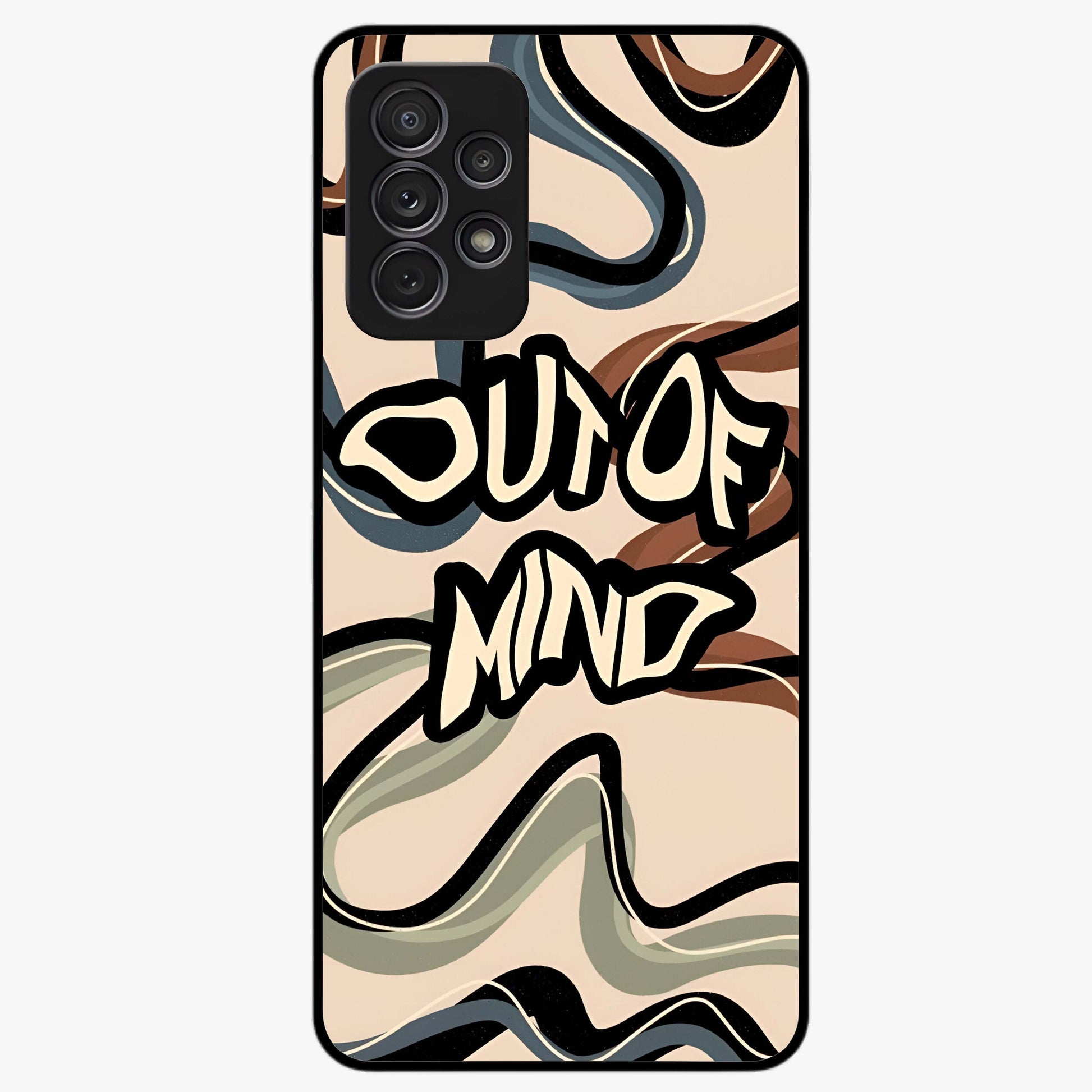 Out Of Mind Glass Case showing flat back view with expressive typography artwork and glossy glass finish.
