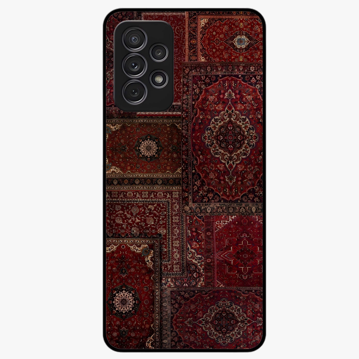 Persian Velvet Tale Glass Case showing flat back view with luxurious Persian velvet pattern artwork and glossy glass finish.