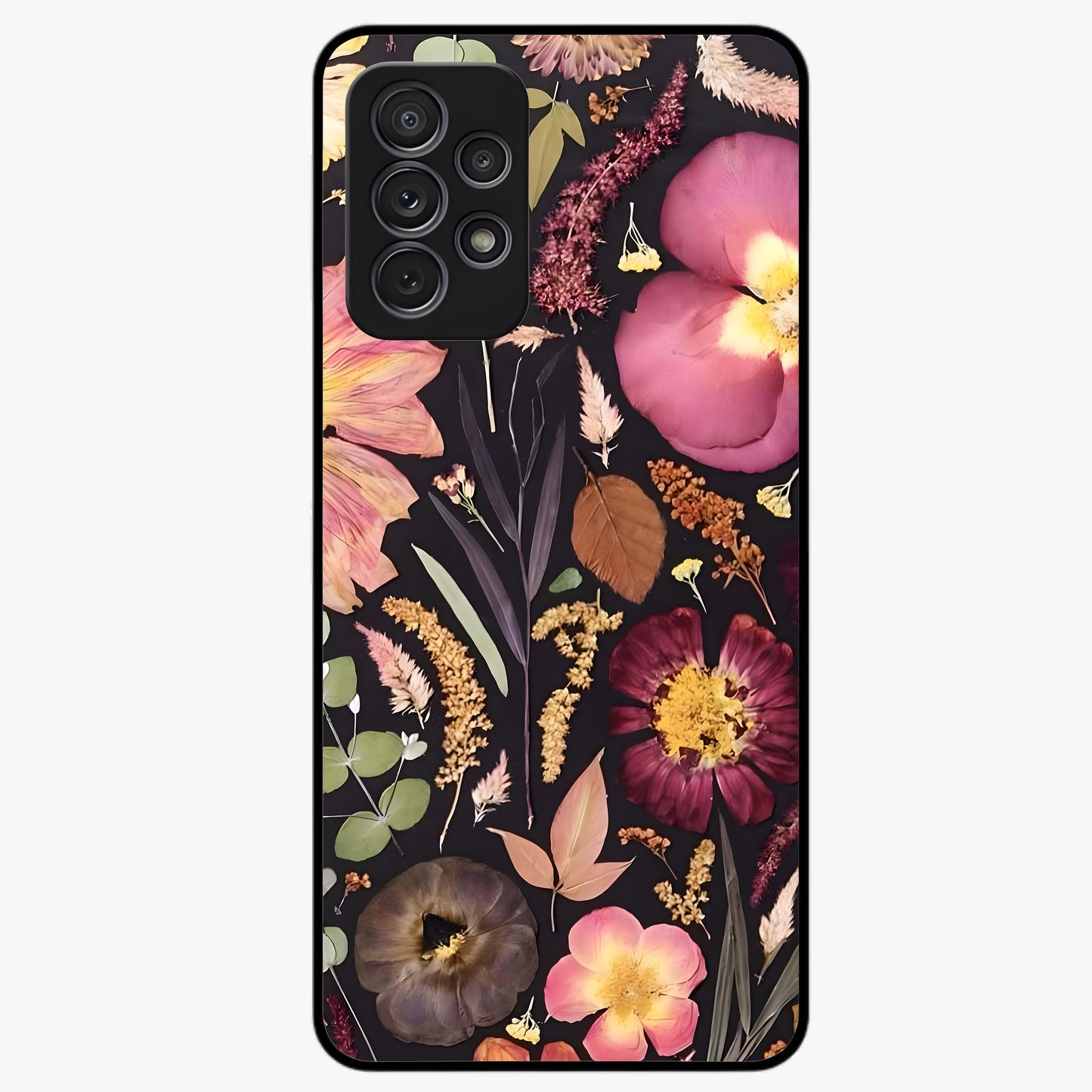 Petal Dream Tapestry Glass Case showing flat back view with intricate floral tapestry artwork and glossy glass finish.
