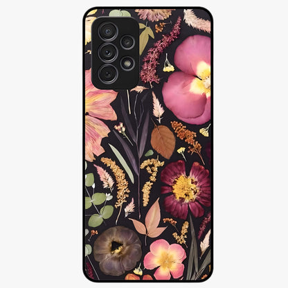 Petal Dream Tapestry Glass Case showing flat back view with intricate floral tapestry artwork and glossy glass finish.