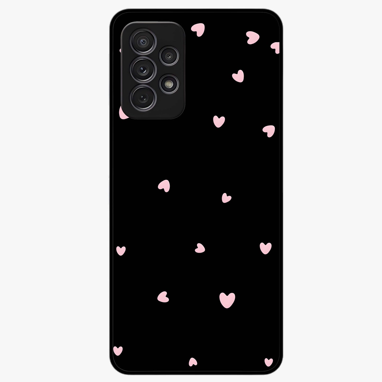 Pink Love Drops Glass Case showing flat back view with playful pink heart drops artwork and glossy glass finish.