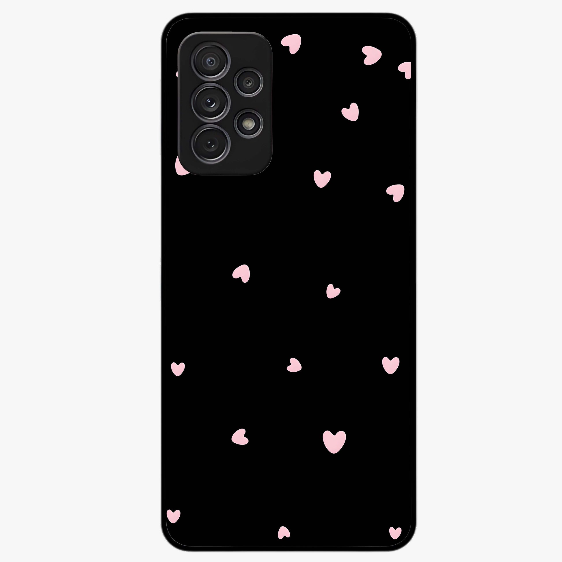 Pink Love Drops Glass Case showing flat back view with playful pink heart drops artwork and glossy glass finish.