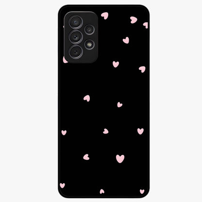 Pink Love Drops Glass Case showing flat back view with playful pink heart drops artwork and glossy glass finish.