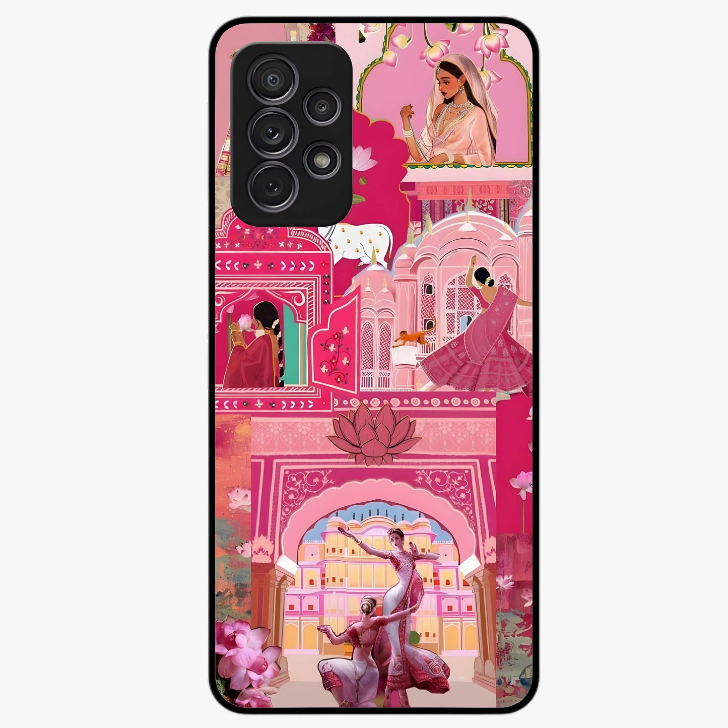 Pink Palace Muse Glass Case showing flat back view with elegant palace inspired artwork and glossy glass finish.