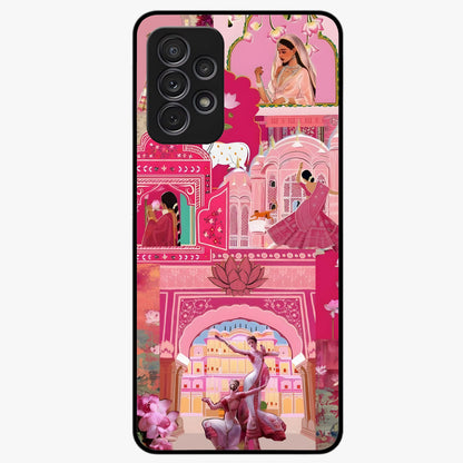 Pink Palace Muse Glass Case showing flat back view with elegant palace inspired artwork and glossy glass finish.