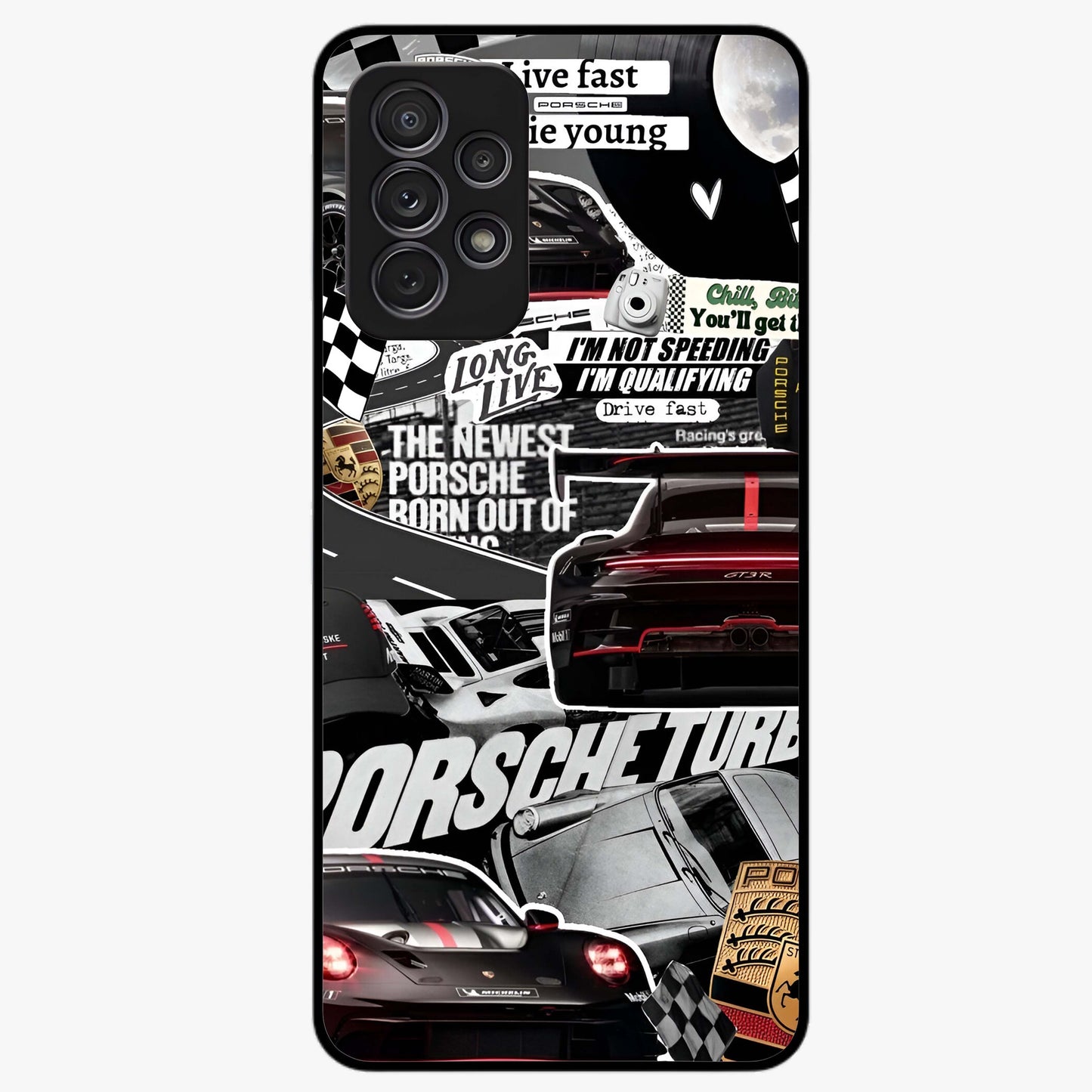 Porsche Racing Collage Glass Case showing flat back view with sports car racing collage artwork and glossy glass finish.
