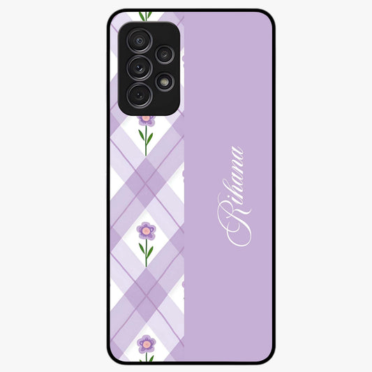 Purple Diamond Floral Glass Case showing flat back view with diamond shaped floral artwork and glossy glass finish.