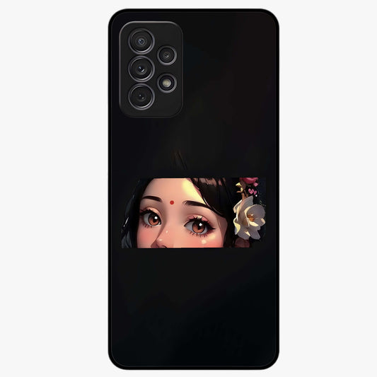 Radha Divine Embrace Glass Case showing flat back view with devotional Radha artwork and glossy glass finish.