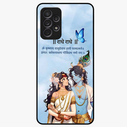Radha Krishna Eternal Glass Case showing flat back view with Radha Krishna devotional artwork and glossy glass finish.
