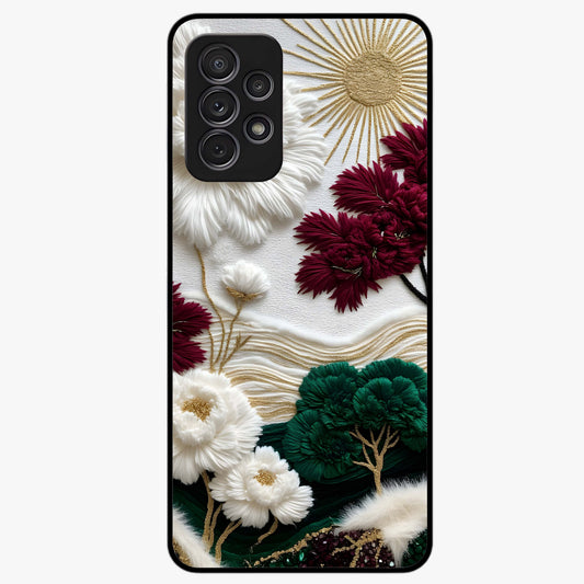 Radiant Bloom Elegance Glass Case showing flat back view with elegant blooming flower artwork and glossy glass finish.