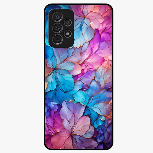 Radiant Floral Whirl Glass Case showing flat back view with swirling floral artwork and glossy glass finish.