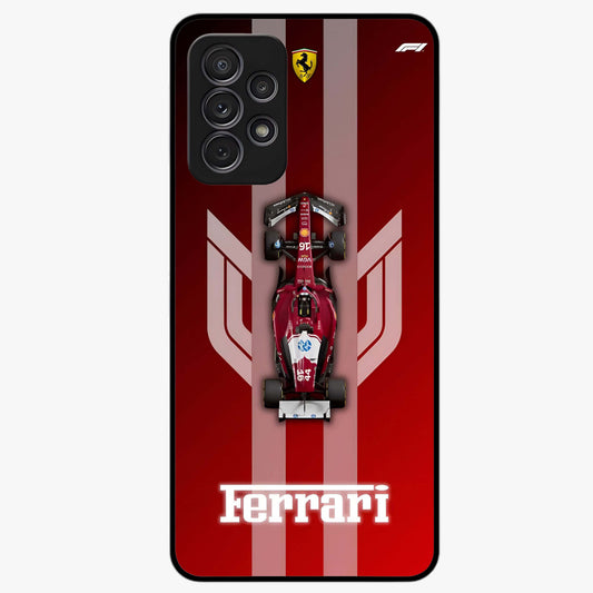 Red Ferrari F1 Vertical Glass Case showing flat back view with sleek Formula racing car artwork and glossy glass finish.