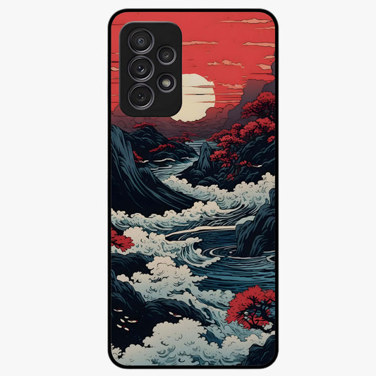 Red Sunset Scenery Glass Case showing flat back view with vibrant sunset landscape artwork and glossy glass finish.