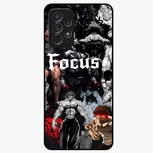 Relentless Power Focus Glass Case showing flat back view with motivational typography artwork and glossy glass finish.
