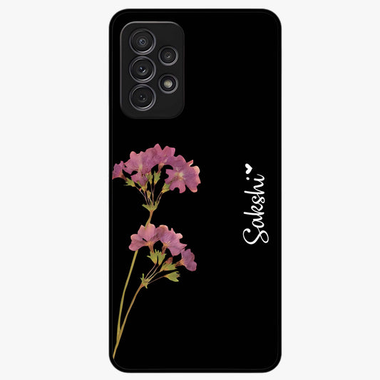 Riching Lavender Flower Custom Name Glass Case showing flat back view with lavender floral artwork and personalized name design.