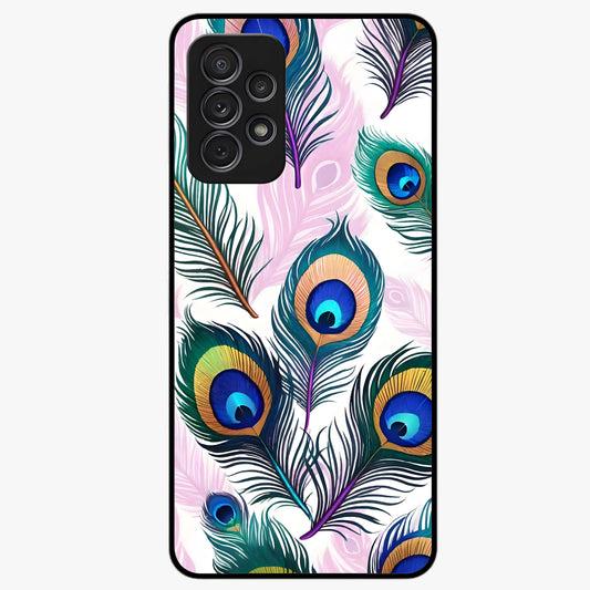 Royal Peacock Feathers Glass Case showing flat back view with colorful peacock feather artwork and glossy glass finish.