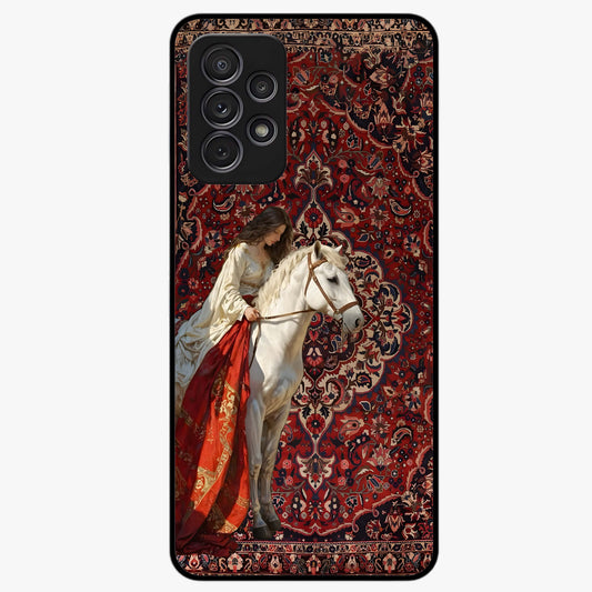 Royal Rider Tapestry Glass Case showing flat back view with majestic horse rider tapestry artwork and glossy glass finish.